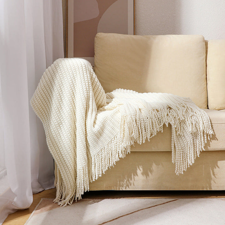 Textured Fringe Knit Throw Blanket for Sofa and Bed Comfort | Textured Knit with Chic Fringe | Throw Blankets