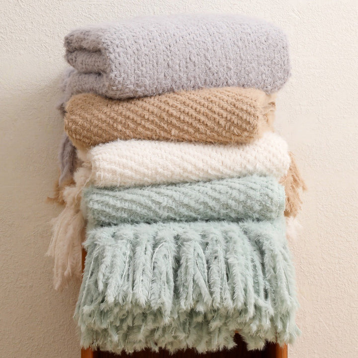 Soft Textured Throw Blanket in Off White Khaki and Lotus Green | Plush Texture in Gentle Tones | Throw Blankets
