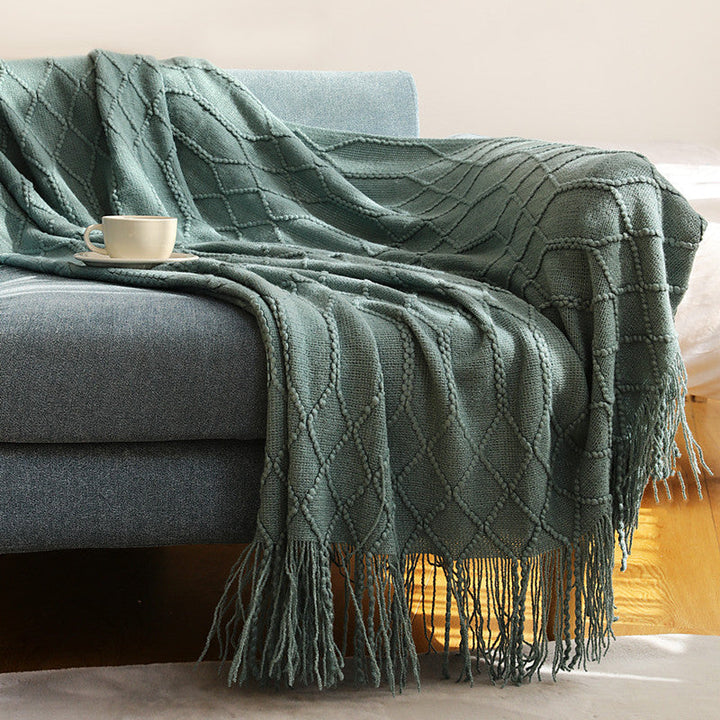 Luxurious Woven Textured Throw Blanket in Dark Grey and Lake Green | Woven Texture, Quiet Elegance | Throw Blankets