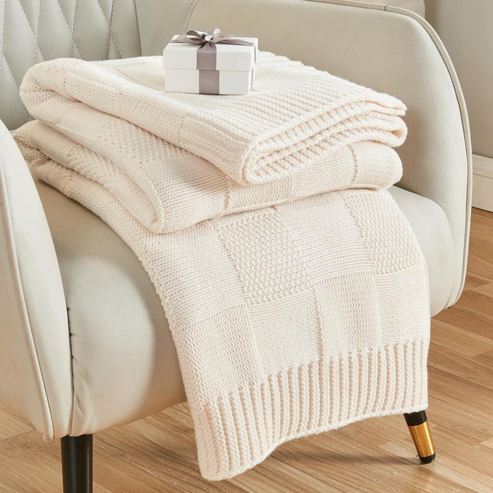 Textured Knit Throw Blanket in Off White Khaki and Sky Blue | Textured Knit for Chilly Nights | Throw Blankets