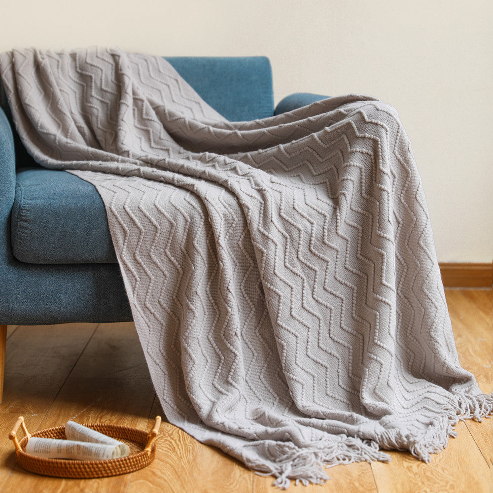 Zigzag Pattern Textured Throw Blanket in Beige and Ocean Blue | Zigzag Texture for Cosy Evenings | Throw Blankets