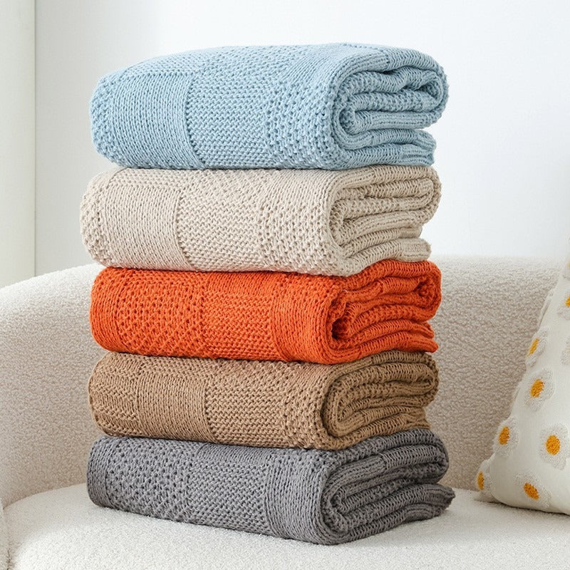 Textured Knit Throw Blanket in Off White Khaki and Sky Blue | Textured Knit for Chilly Nights | Throw Blankets