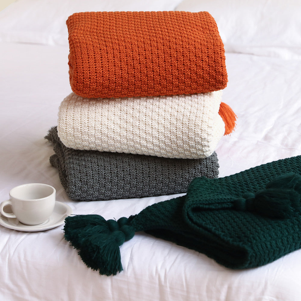 Plush Woven Decorative Throw Blanket in Dark Green and Caramel | Woven Pattern in Plush Fabric | Throw Blankets
