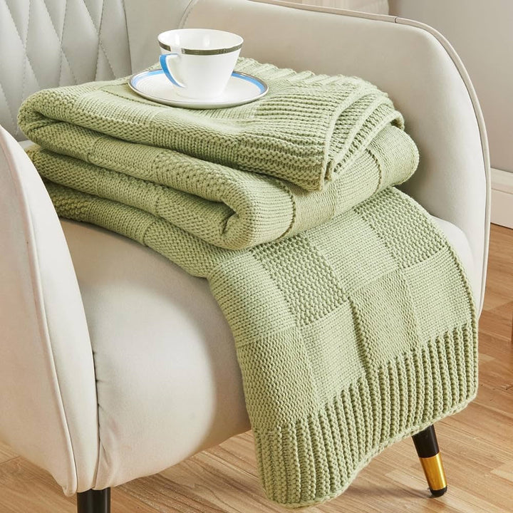Textured Knit Throw Blanket in Off White Khaki and Sky Blue | Textured Knit for Chilly Nights | Throw Blankets