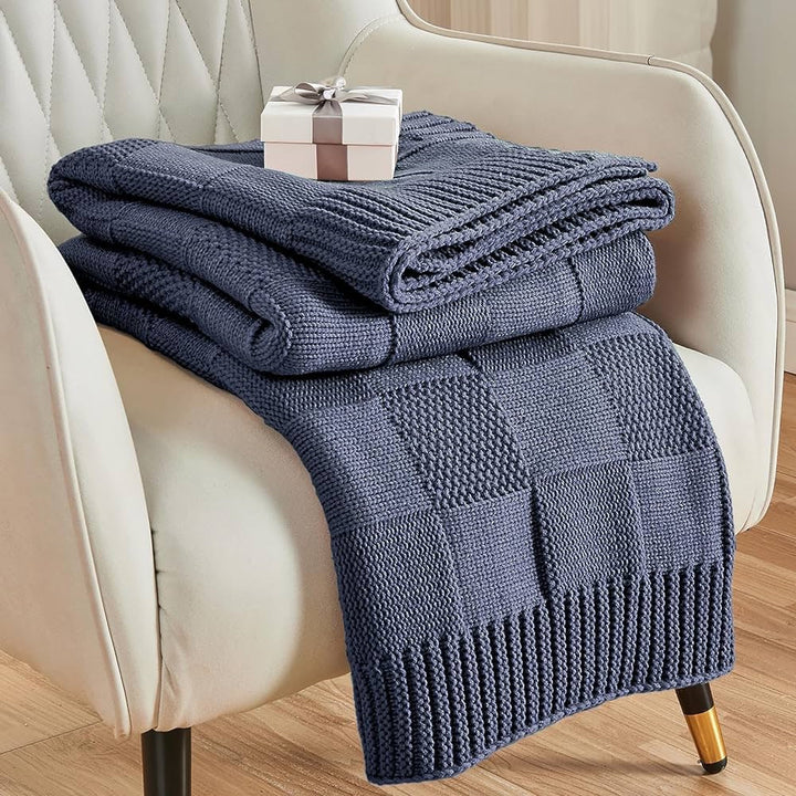 Textured Knit Throw Blanket in Off White Khaki and Sky Blue | Textured Knit for Chilly Nights | Throw Blankets