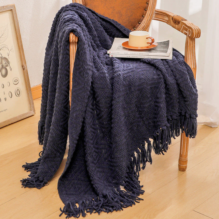 Handwoven Style Textured Throw Blanket in Navy and Caramel | Handwoven Look, Fringed Finish | Throw Blankets