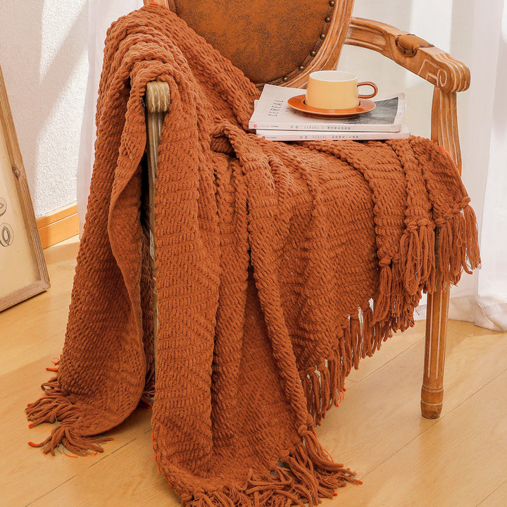 Handwoven Style Textured Throw Blanket in Navy and Caramel | Handwoven Look, Fringed Finish | Throw Blankets