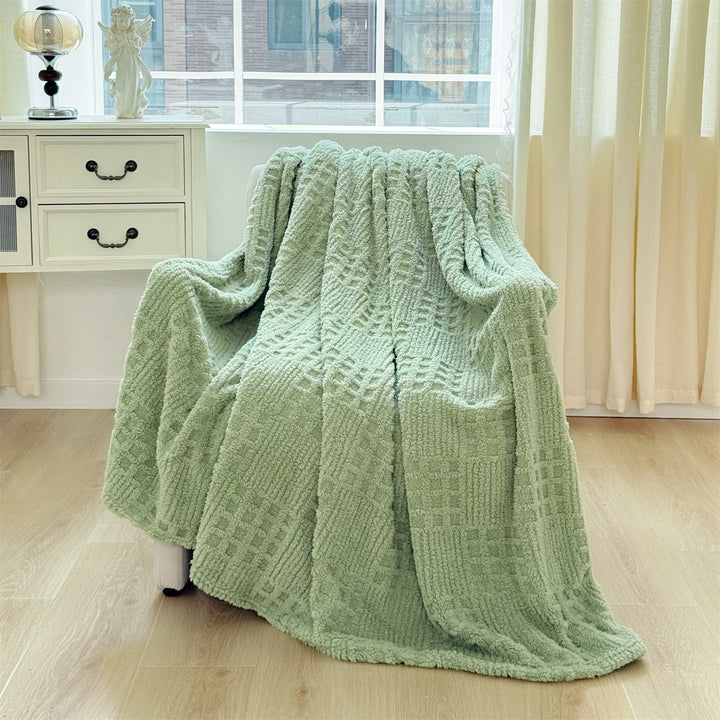 Waffle Textured Plush Throw Blanket in Tea Green and Light Coffee | Waffle Texture for Cosy Lounging | Throw Blankets