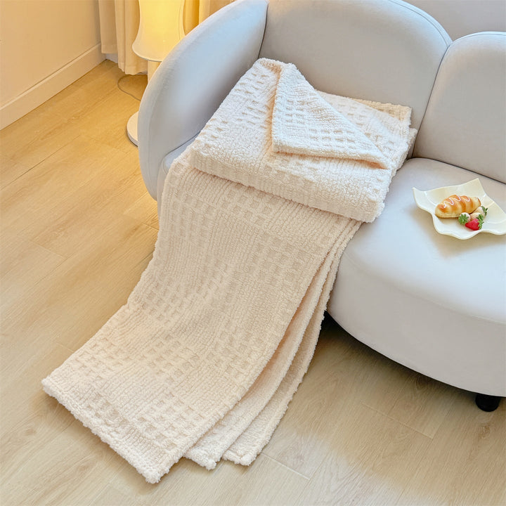 Waffle Textured Plush Throw Blanket in Tea Green and Light Coffee | Waffle Texture for Cosy Lounging | Throw Blankets