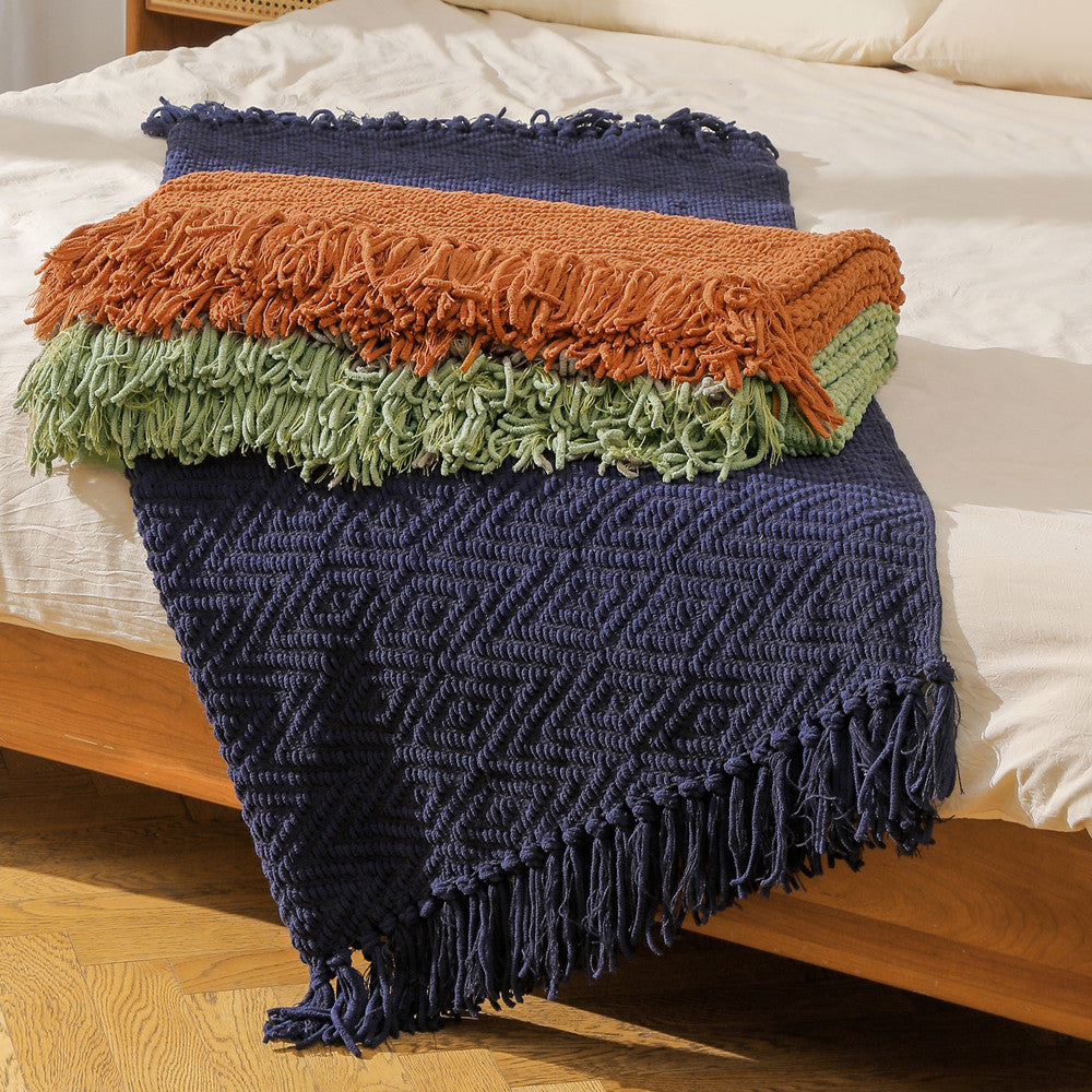 Handwoven Style Textured Throw Blanket in Navy and Caramel | Handwoven Look, Fringed Finish | Throw Blankets