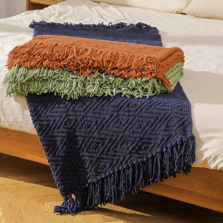 Handwoven Style Textured Throw Blanket in Navy and Caramel | Handwoven Look, Fringed Finish | Throw Blankets