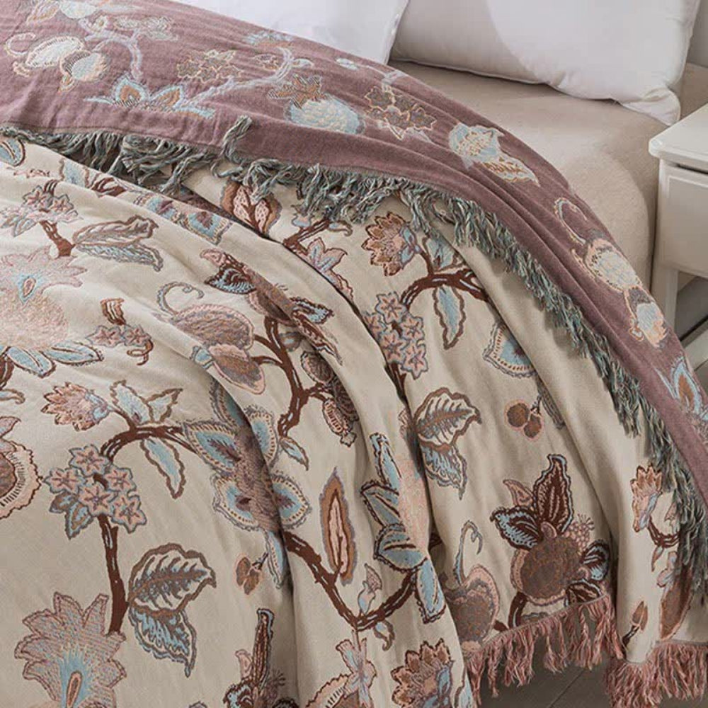 Floral Jacquard Cotton Bed Blanket with Tassels in Two Sizes | Cotton Florals Trimmed in Tassels | Throw Blankets