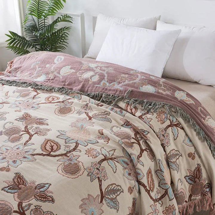 Floral Jacquard Cotton Bed Blanket with Tassels in Two Sizes | Cotton Florals Trimmed in Tassels | Throw Blankets