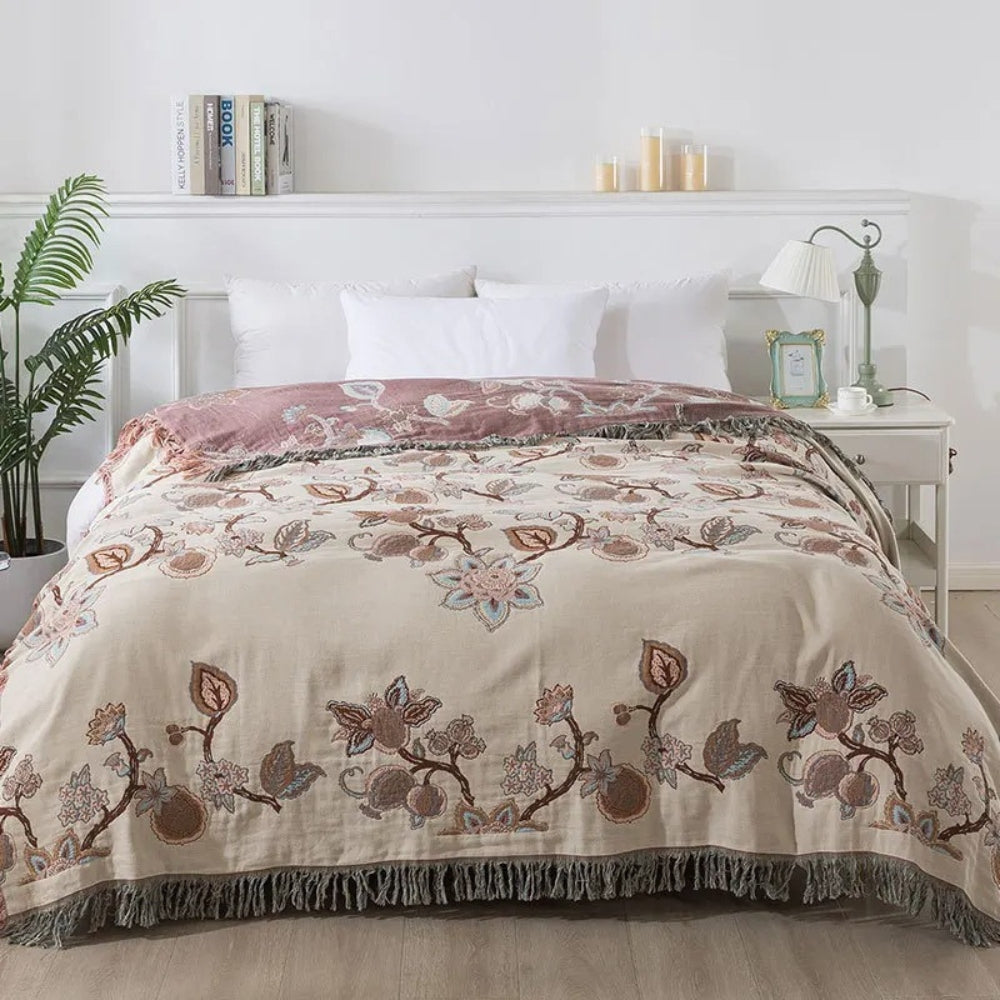 Floral Jacquard Cotton Bed Blanket with Tassels in Two Sizes | Cotton Florals Trimmed in Tassels | Throw Blankets