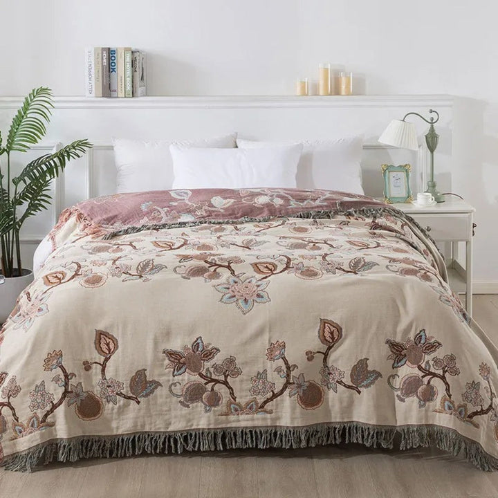 Floral Jacquard Cotton Bed Blanket with Tassels in Two Sizes | Cotton Florals Trimmed in Tassels | Throw Blankets