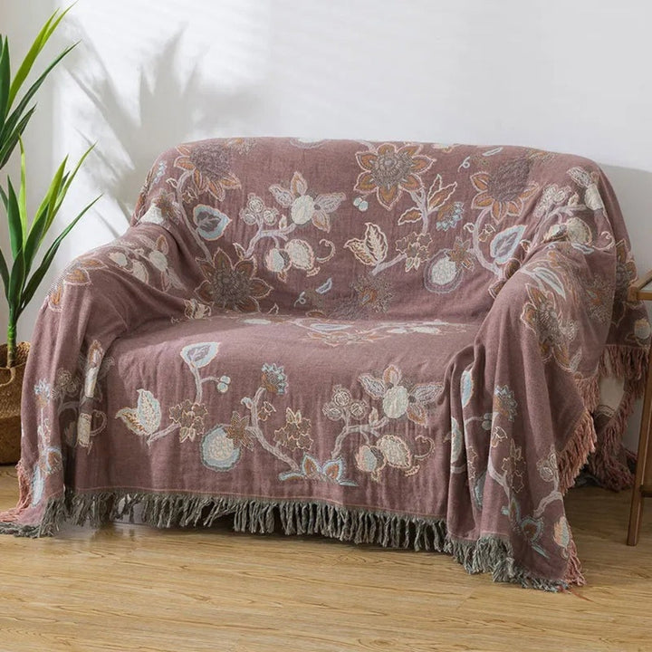 Floral Jacquard Cotton Bed Blanket with Tassels in Two Sizes | Cotton Florals Trimmed in Tassels | Throw Blankets