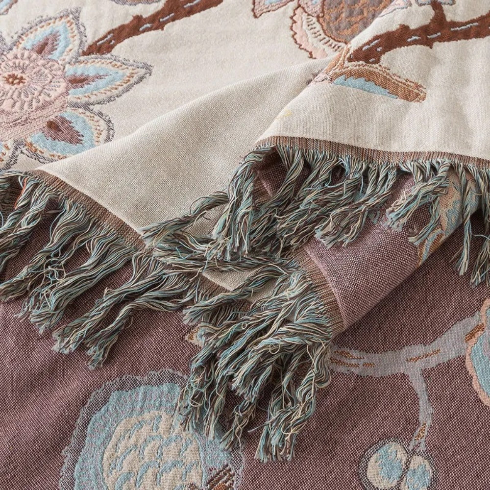 Floral Jacquard Cotton Bed Blanket with Tassels in Two Sizes | Cotton Florals Trimmed in Tassels | Throw Blankets