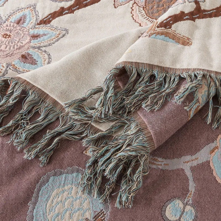 Floral Jacquard Cotton Bed Blanket with Tassels in Two Sizes | Cotton Florals Trimmed in Tassels | Throw Blankets