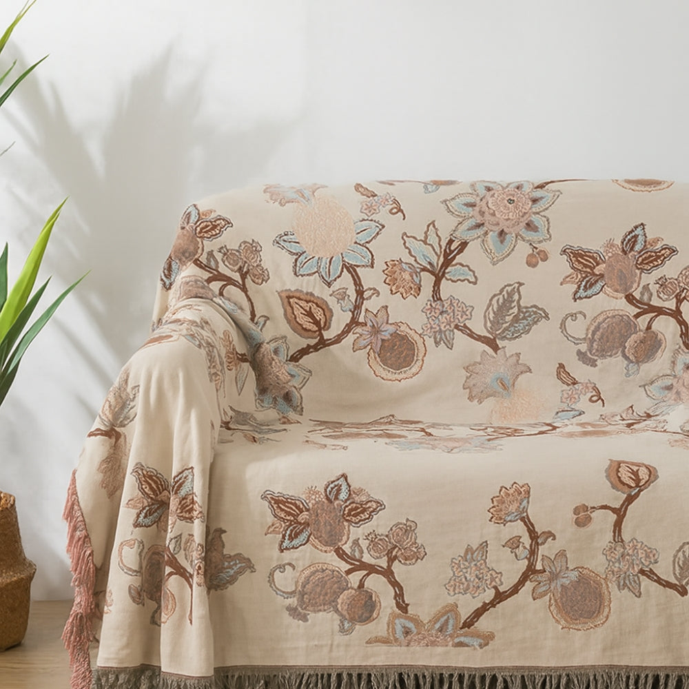Floral Jacquard Cotton Bed Blanket with Tassels in Two Sizes | Cotton Florals Trimmed in Tassels | Throw Blankets