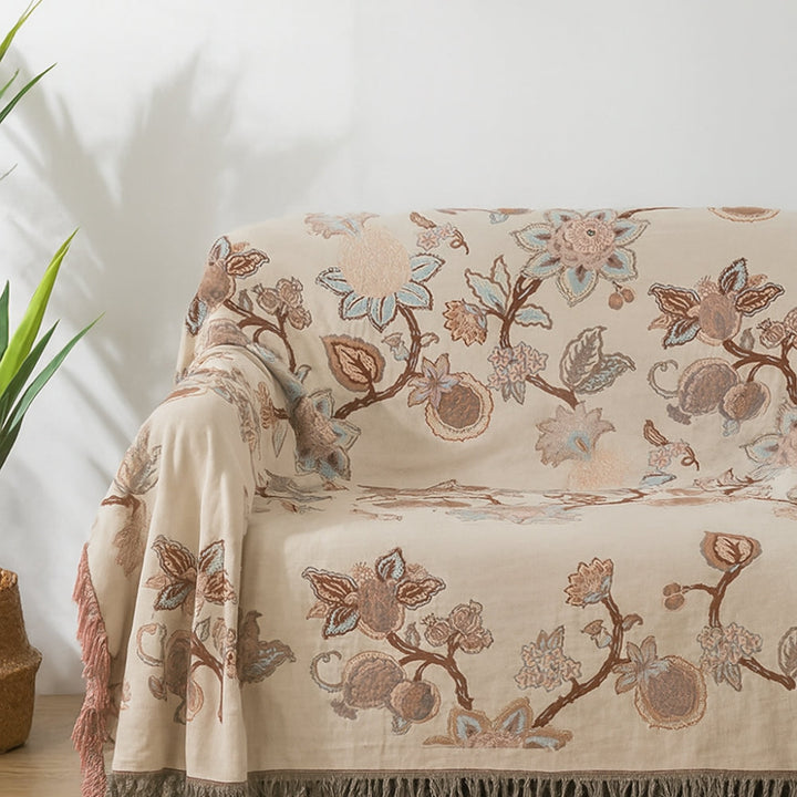 Floral Jacquard Cotton Bed Blanket with Tassels in Two Sizes | Cotton Florals Trimmed in Tassels | Throw Blankets