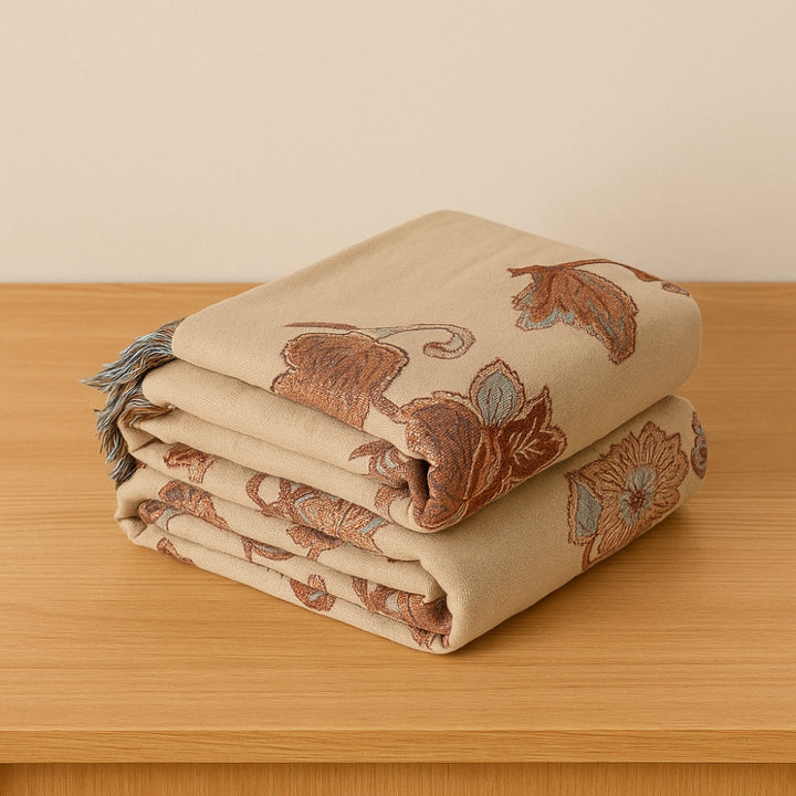 Floral Jacquard Cotton Bed Blanket with Tassels in Two Sizes | Cotton Florals Trimmed in Tassels | Throw Blankets