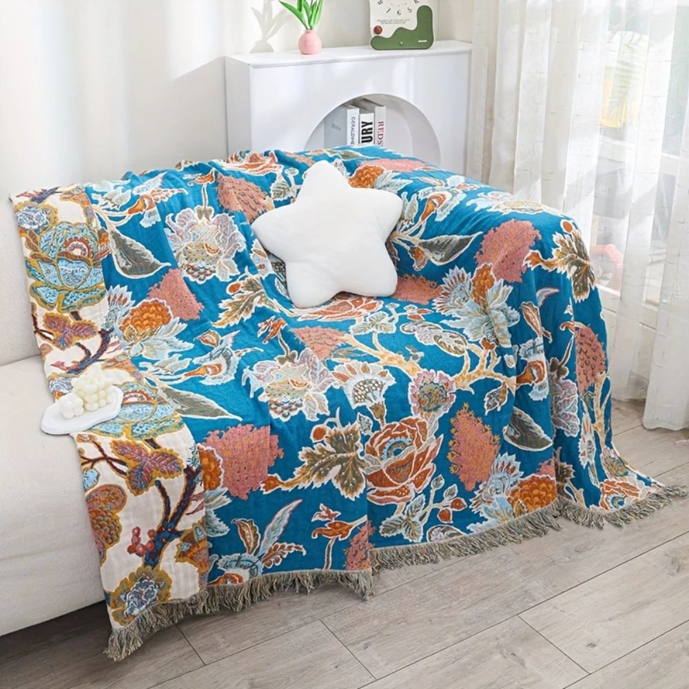 Ornamental Garden Floral Lightweight Cotton Blanket, Two Sizes | Garden Pattern in Breathable Cotton | Throw Blankets