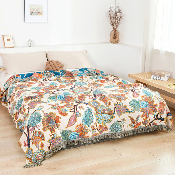 Ornamental Garden Floral Lightweight Cotton Blanket, Two Sizes | Garden Pattern in Breathable Cotton | Throw Blankets