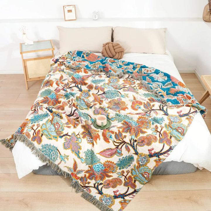 Ornamental Garden Floral Lightweight Cotton Blanket, Two Sizes | Garden Pattern in Breathable Cotton | Throw Blankets