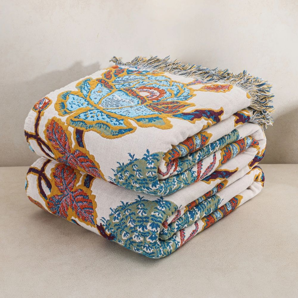 Ornamental Garden Floral Lightweight Cotton Blanket, Two Sizes | Garden Pattern in Breathable Cotton | Throw Blankets