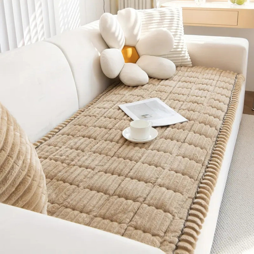 Plush Flannel Sofa Cover with Hand-Pleated Edges, Anti Slip | Pleated Flannel Cover That Grips | Sofa Covers