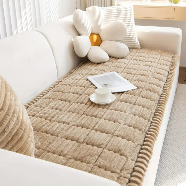 Plush Flannel Sofa Cover with Hand-Pleated Edges, Anti Slip | Pleated Flannel Cover That Grips | Sofa Covers