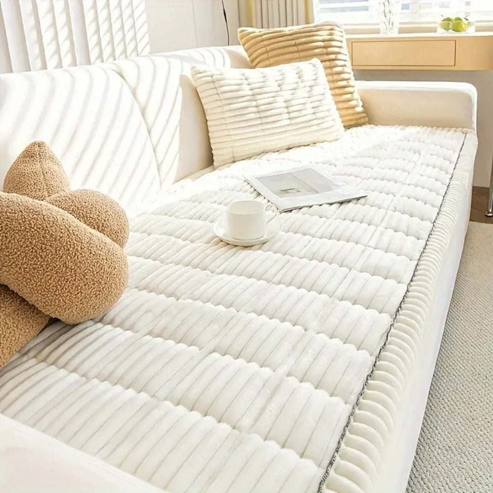 Plush Flannel Sofa Cover with Hand-Pleated Edges, Anti Slip | Pleated Flannel Cover That Grips | Sofa Covers