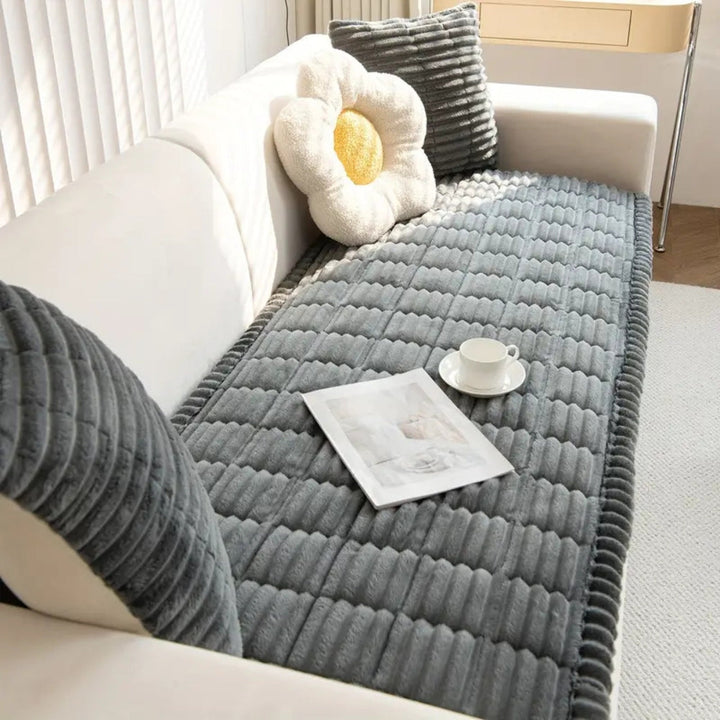 Plush Flannel Sofa Cover with Hand-Pleated Edges, Anti Slip | Pleated Flannel Cover That Grips | Sofa Covers