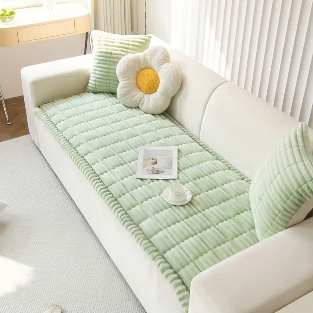 Plush Flannel Sofa Cover with Hand-Pleated Edges, Anti Slip | Pleated Flannel Cover That Grips | Sofa Covers