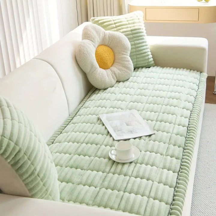 Plush Flannel Sofa Cover with Hand-Pleated Edges, Anti Slip | Pleated Flannel Cover That Grips | Sofa Covers
