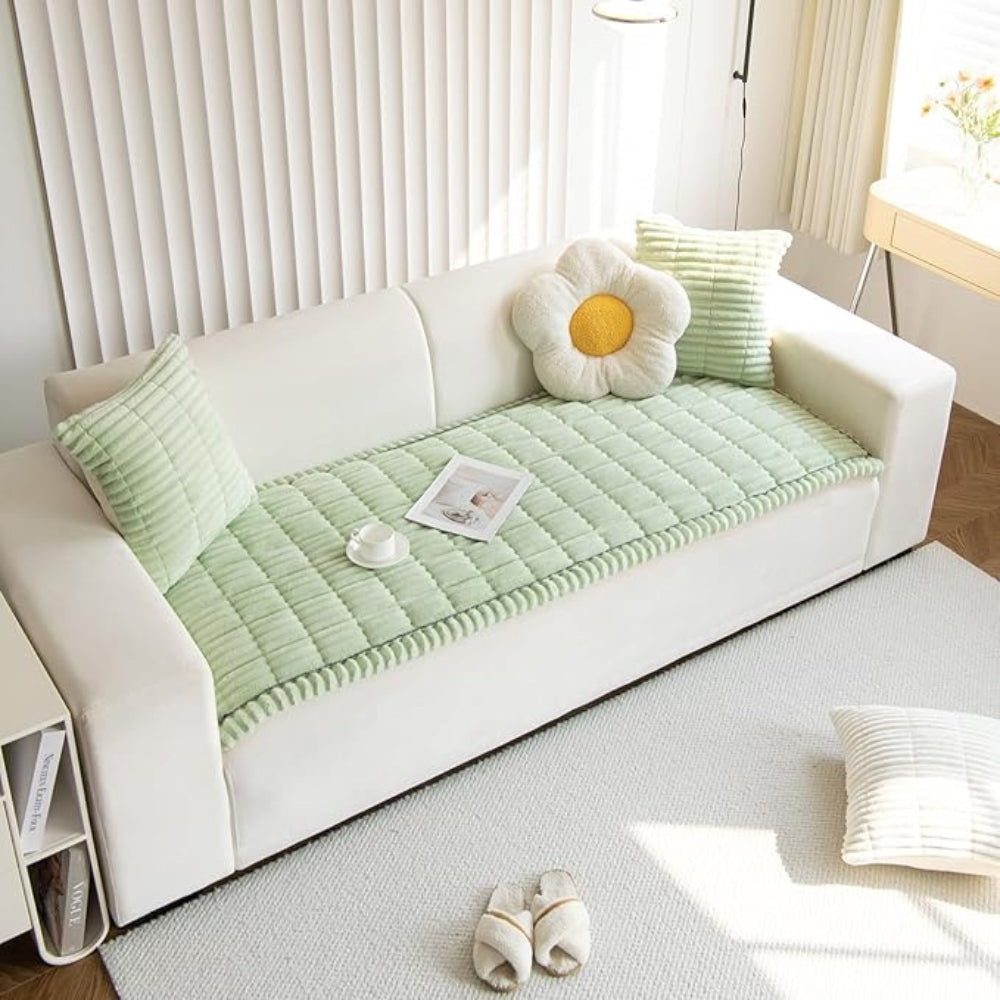 Plush Flannel Sofa Cover with Hand-Pleated Edges, Anti Slip | Pleated Flannel Cover That Grips | Sofa Covers