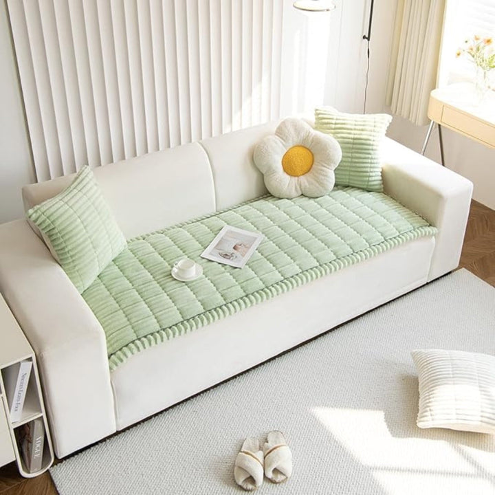 Plush Flannel Sofa Cover with Hand-Pleated Edges, Anti Slip | Pleated Flannel Cover That Grips | Sofa Covers