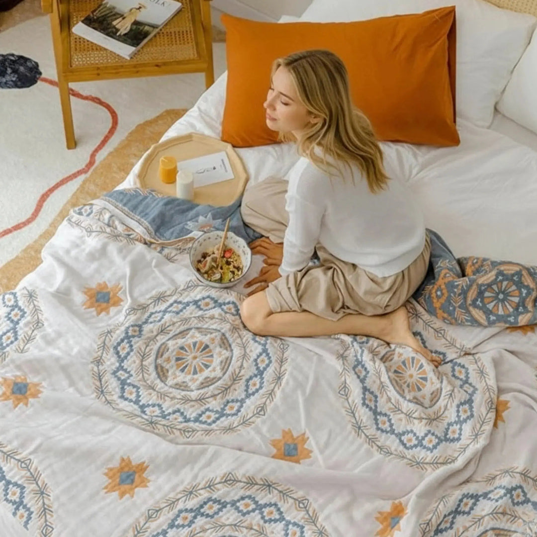 Nordic Boho Cotton Gauze Blanket with Fringe, Single or Double | Breathable Gauze Blanket for Warm Weather | Throw Blankets