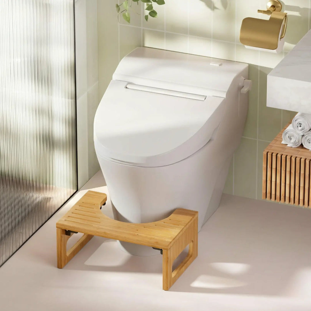 Foldable Bamboo Toilet Stool with Non Slip Strips, 41.5x27.5x18cm | Foldable Footstool for Bathrooms | Bathroom Stools