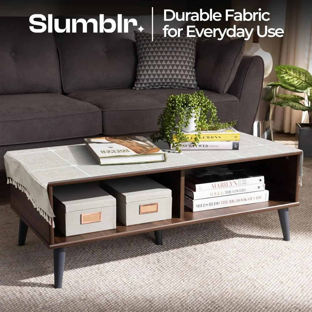 Tasseled Coffee Table Cover Cloth with Side Storage Pockets, 20x59in | Tidy Table, Pocketed Storage | Table Covers