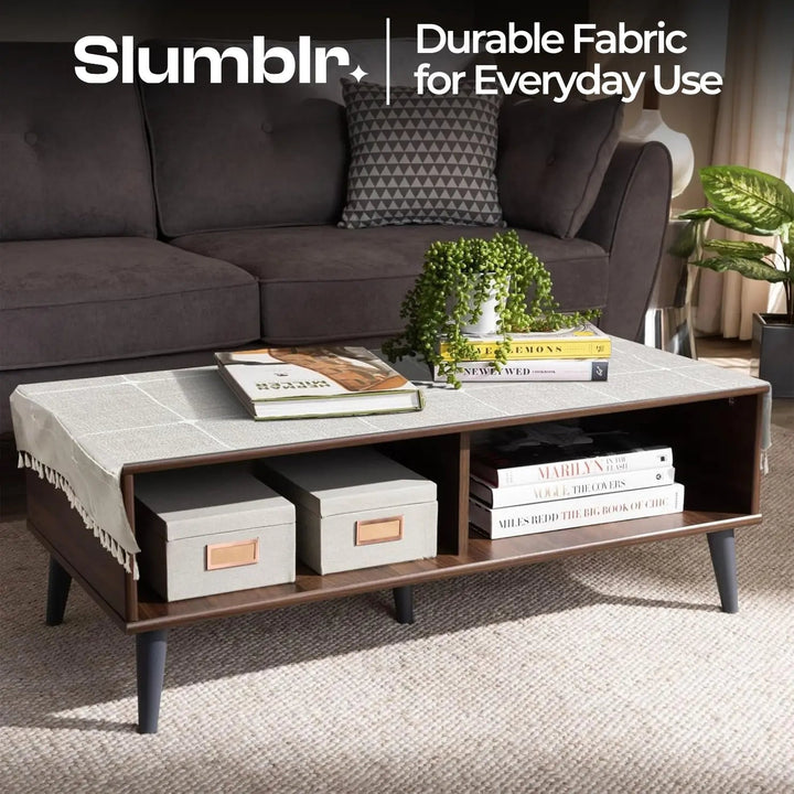 Tasseled Coffee Table Cover Cloth with Side Storage Pockets, 20x59in | Tidy Table, Pocketed Storage | Table Covers