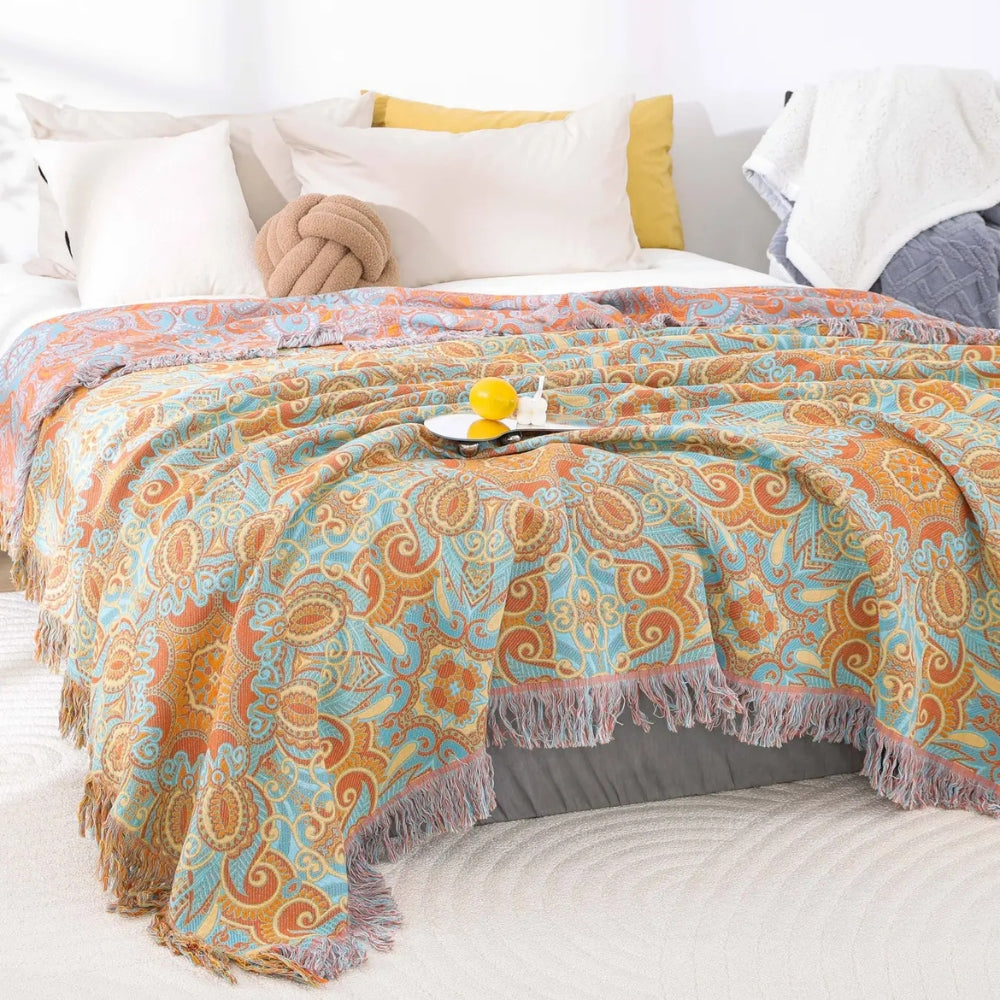 Bohemian Reversible Paisley Cotton Blanket with Playful Tassels | Colourful Paisley, Flip for Variety | Throw Blankets