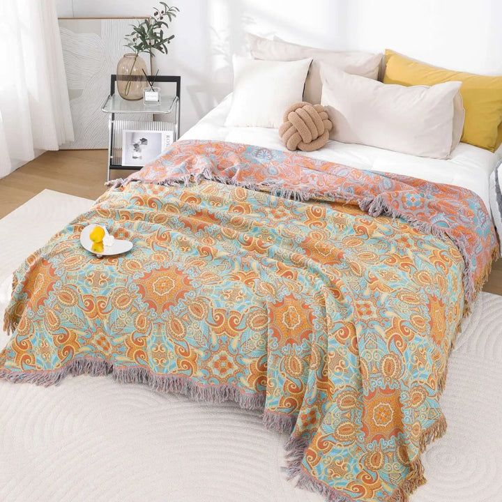 Bohemian Reversible Paisley Cotton Blanket with Playful Tassels | Colourful Paisley, Flip for Variety | Throw Blankets