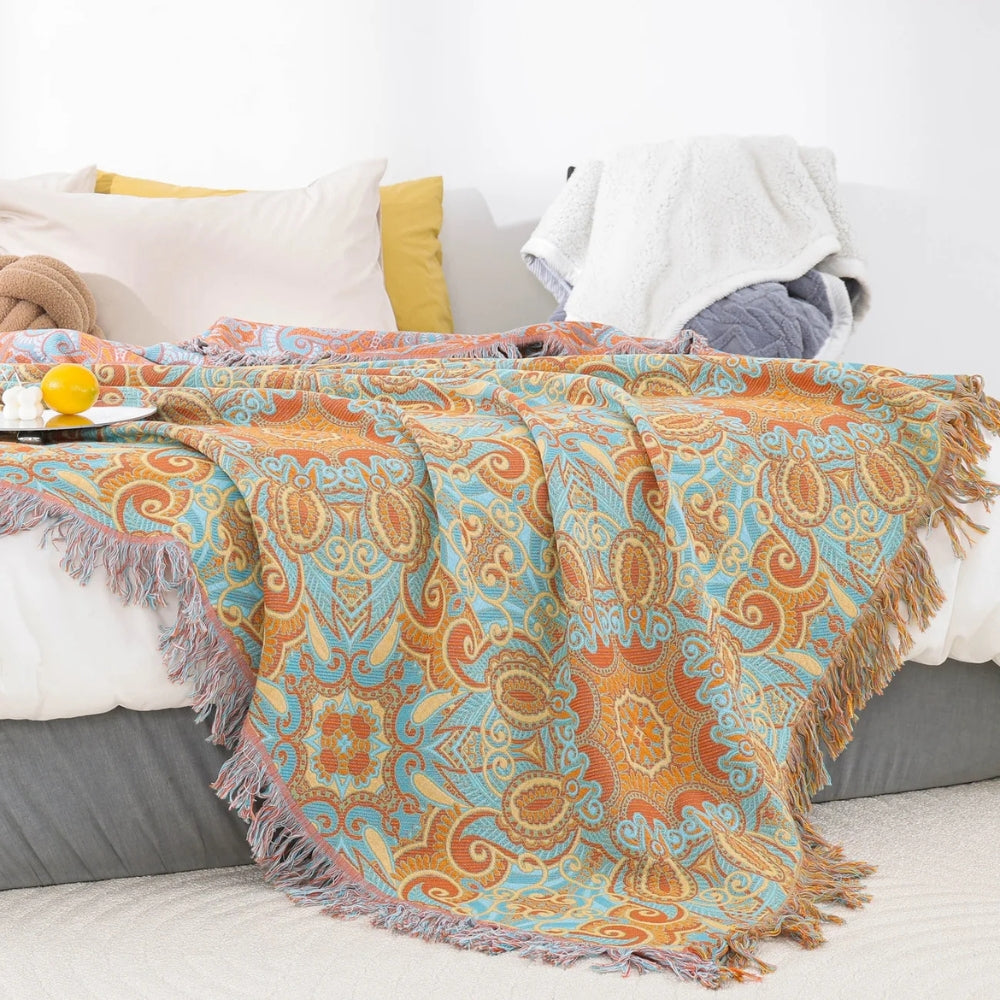 Bohemian Reversible Paisley Cotton Blanket with Playful Tassels | Colourful Paisley, Flip for Variety | Throw Blankets
