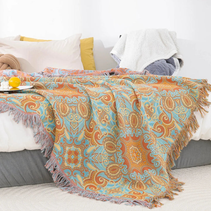Bohemian Reversible Paisley Cotton Blanket with Playful Tassels | Colourful Paisley, Flip for Variety | Throw Blankets