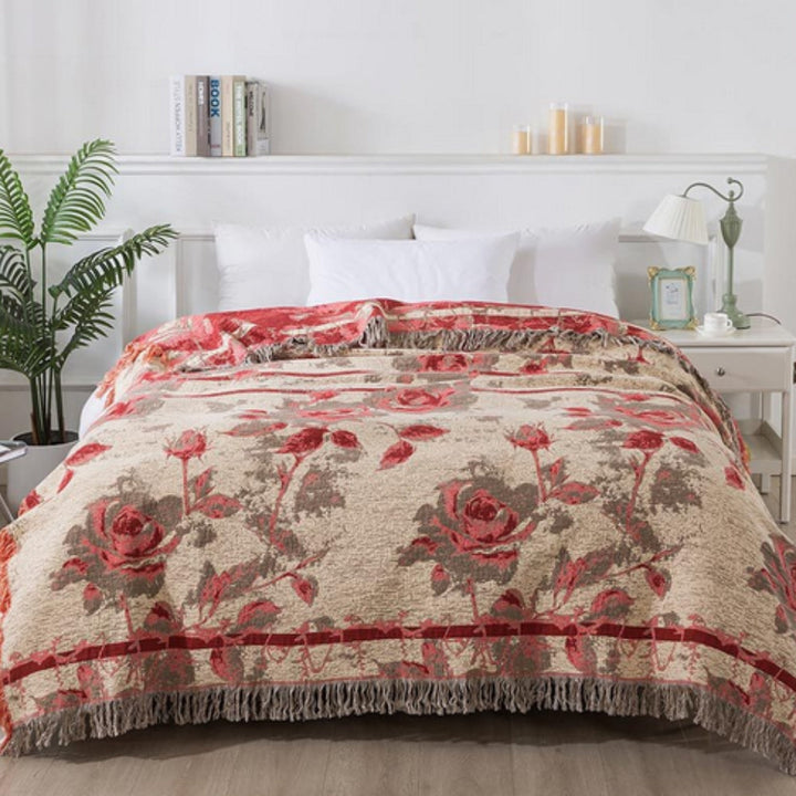 Floral Jacquard Quilted Cotton Throw Blanket for Year-Round Use | Quilted Texture and Floral Jacquard | Throw Blankets