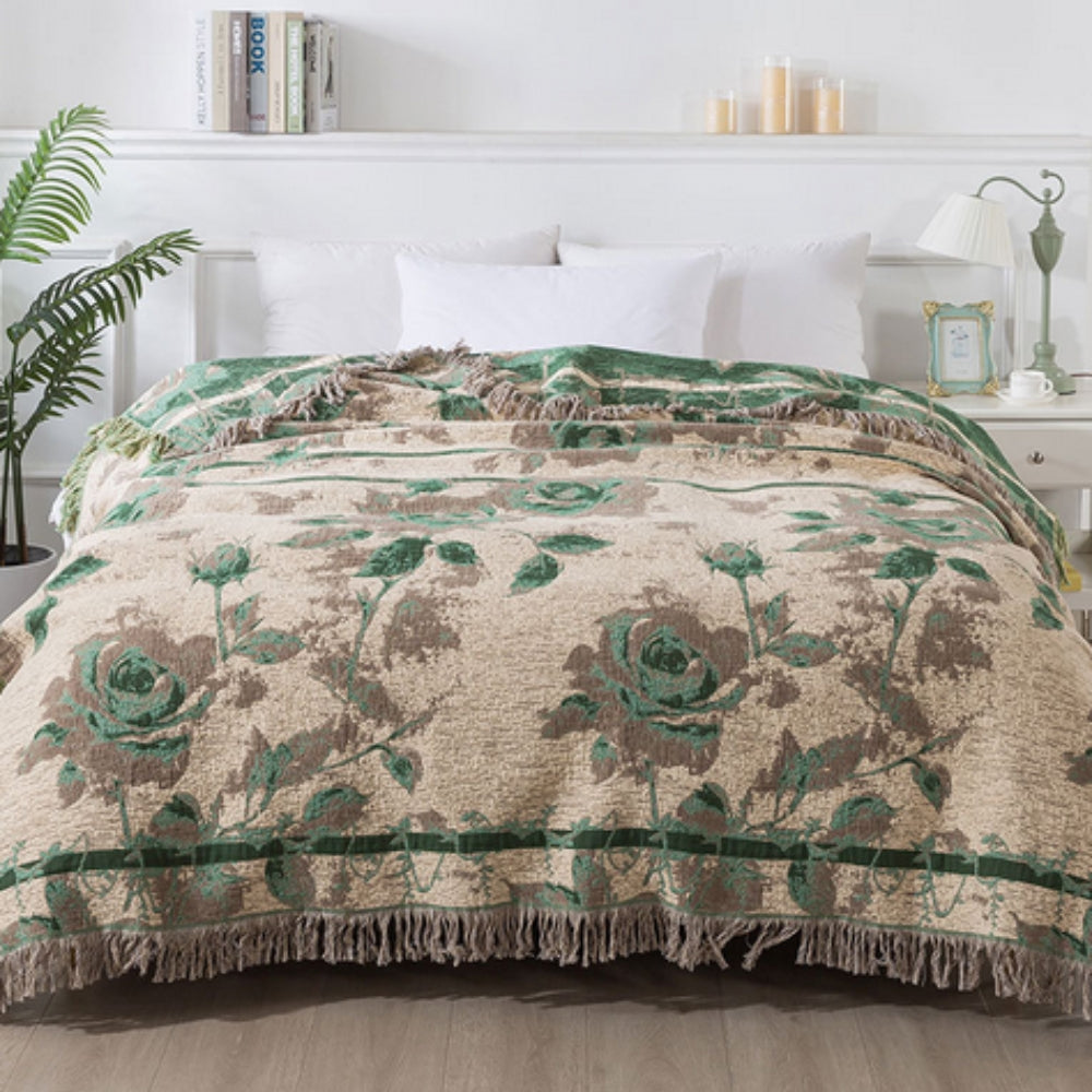 Floral Jacquard Quilted Cotton Throw Blanket for Year-Round Use | Quilted Texture and Floral Jacquard | Throw Blankets