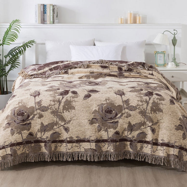 Floral Jacquard Quilted Cotton Throw Blanket for Year-Round Use | Quilted Texture and Floral Jacquard | Throw Blankets