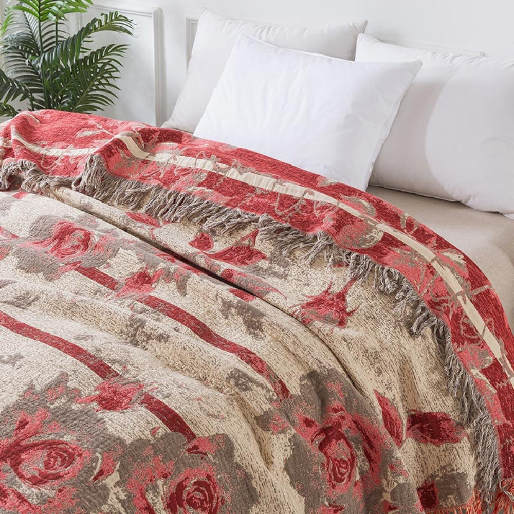 Floral Jacquard Quilted Cotton Throw Blanket for Year-Round Use | Quilted Texture and Floral Jacquard | Throw Blankets