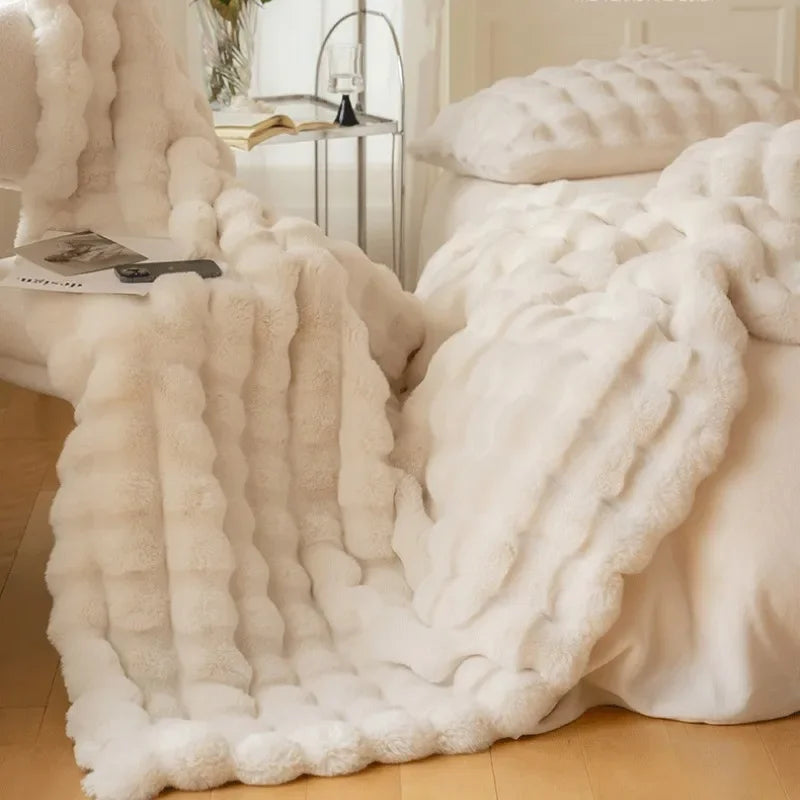 Reversible Rabbit Fur Imitation Throw with Cloud Bubble Pattern | Cloud Bubble Reversible Plush Throw | Throw Blankets